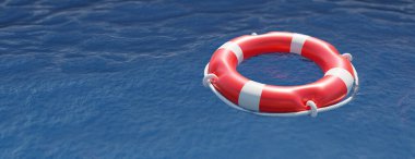 Okyanus yüzeyindeki can yelekleri. Lifebuoy şamandıra halkası, gemi güvenlik ekipmanları, hayat kurtarma. Uzayı kopyala, afiş. 3d rende