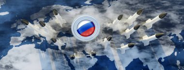 Rusya 'nın nükleer silahı. Dünya haritasında Rus roketi arka planı, afiş. Soğuk savaş, Dünya Savaşı tehdidi. 3d rende