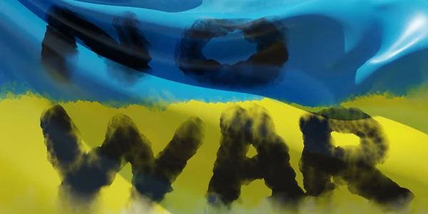 Украина Война Текст Фоне Украинского Государственного Флага Чёрный Дым Антивоенный — стоковое фото