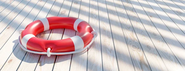 Спасатель Деревянной Палубе Корабля Lifebuoy Белый Красный Цвет Поплавок Кольцо — стоковое фото