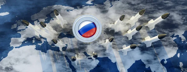 Russia nuclear weapon. Russian rocket on world map background, banner. Cold war, World War threat. 3d rende