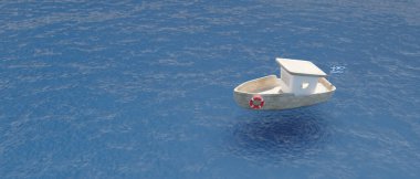 Yunanistan 'da dalgalı deniz suyu, Ulaştırma, Balıkçılık ve Seyahat konseptine bağlı Yunan bayrağı. 3d hazırlayıcı