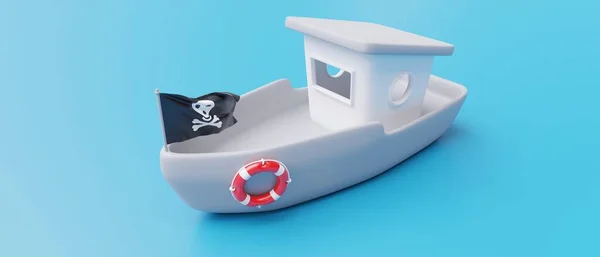 Kalózhajó Corsair Hajó Rajzfilm Fehér Színű Fekete Hullámzó Zászló Koponya — Stock Fotó