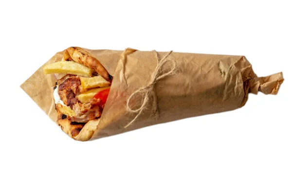 Gyro Pita Shawarma 샌드위치는 그리스 고기로 종이를 놓았습니다 보시면 설계의 — 스톡 사진