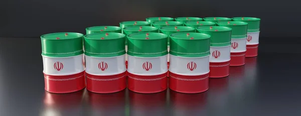 Olje Och Gasproduktion Iran Iransk Flagga Bensinfat Svart Bakgrund Petroleumindustrin — Stockfoto