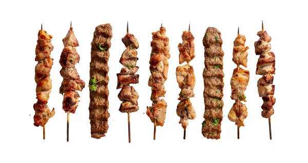 Brochetas Carne Parrilla Variedad Aislada Blanco Pollo Souvlaki Cerdo Kebab — Foto de Stock