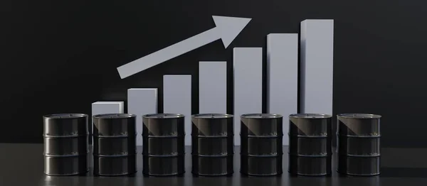 原油価格が上昇した ブラックカラーガソリンバレルと黒の背景にチャート 石油生産と市場 3Dレンダリング — ストック写真