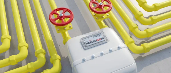 Gas Hausvertrieb Verbrauchsmessung Zählerstand Und Gelbe Pipeline Auf Betonwandhintergrund Rende — Stockfoto