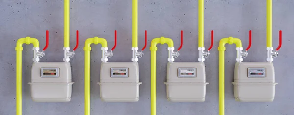 Erdgaszähler Einer Reihe Messung Des Energieverbrauchs Der Haushalte Gelbe Pipeline — Stockfoto