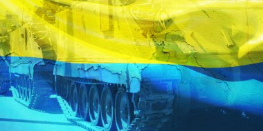 Ukrayna savaşı. Askeri tank, Ukrayna ordu silahı, savaş alanı. Ulusal bayrak geçmişi. 3d hazırlayıcı