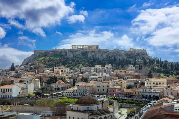 Atenas Grecia Plaza Monastiraki Vista Aérea Ciudad Histórica Roca Acrópolis — Foto de Stock