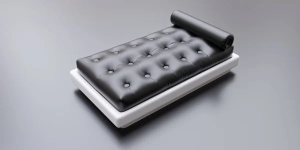 革のクッションとソファ現代的な グレーの背景に隔離された白い木製のベッドの上のボタンでマットレス黒の色 3Dレンダリング — ストック写真
