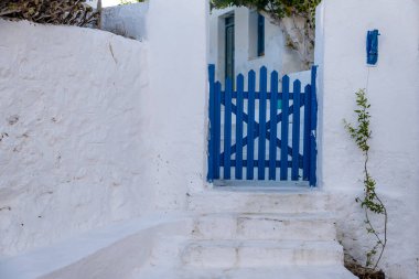 Yunan Adası, Kiklad. Mavi ahşap çit girişi kapalı, beyaz boyalı taş duvar, bahçeye bitki dikme. Yunanistan Yaz tatili.