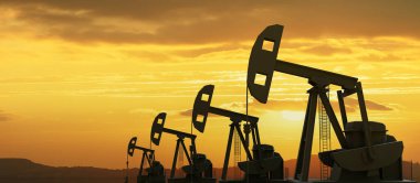 Petrol ve gaz endüstrisi. Pumpjack sahada sondaj, günbatımı gökyüzü arka planı. 3d hazırlayıcı