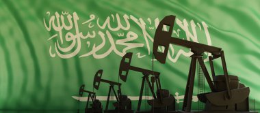 Suudi Arabistan 'da petrol ve gaz üretimi. Flama arka planında delme işlemi. Ülkedeki petrol endüstrisi. 3d rende