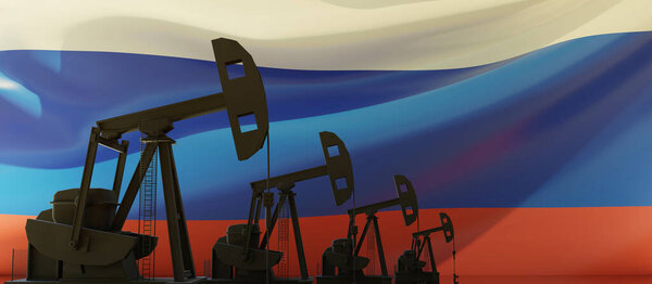 Oil and gas production in Russia. Pumpjack drilling on Russian flag background. Petroleum fuel industry in the country. 3d rende