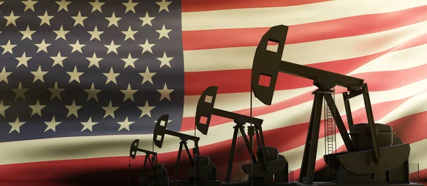 Produkce Ropy Zemního Plynu Usa Pumpjack Vrtání Pozadí Vlajky Spojených — Stock fotografie