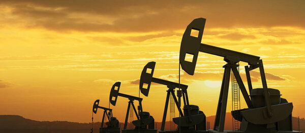 Oil and gas industry. Pumpjack drilling on field, sunset sky background. 3d render