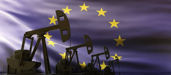 欧盟的石油和天然气生产 在欧盟旗帜背景上的南瓜钻头 该国的石油燃料工业 Rende — 图库照片