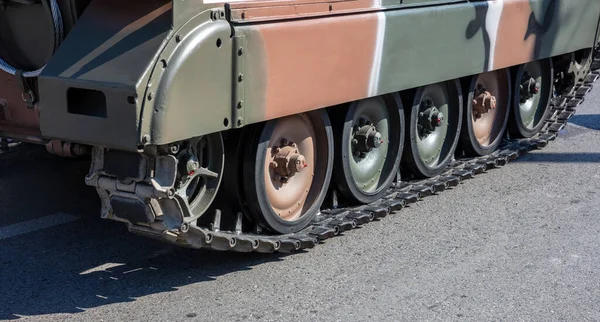 Military parade. Armored vehicle camouflage color, close up view, War weapon. Army equipment for fight and defense