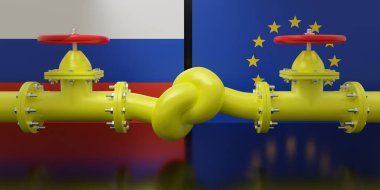 Rusya ile AB konsepti arasındaki doğal gaz çatışması. Rus ve Avrupa bayraklı akaryakıt boru hattı. 3d hazırlayıcı