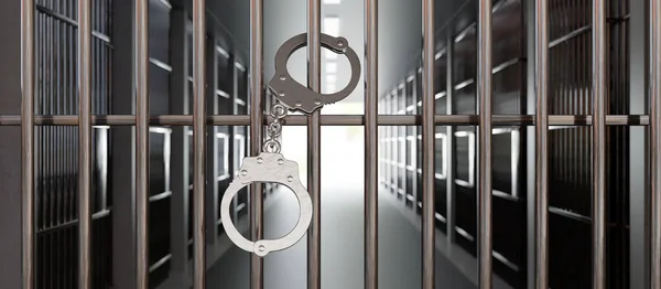 Handcuffs Jail Cell Closed Metal Bars Door Prison Building Corridor — Stock Photo, Image