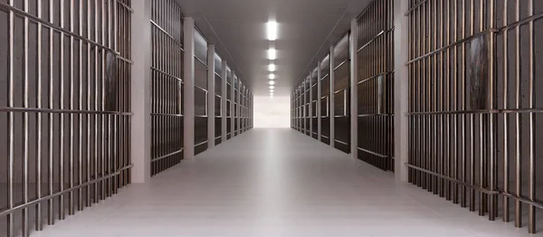 刑務所施設ホールのインテリア 金属バーと空の建物の廊下 暗い背景を持つ刑務所のセル 有罪判決と投獄の概念 3Dレンダリング — ストック写真