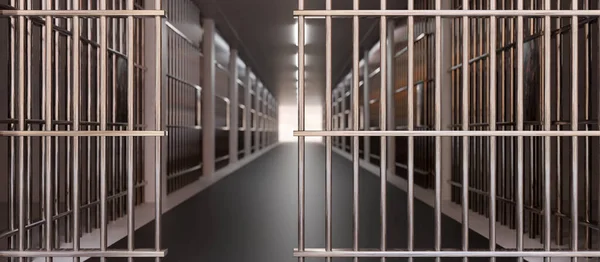 Gefängniskorridor Gefängniszelle Und Offene Metallgittertür Leere Dunkle Einrichtungshalle Verurteilungs Und — Stockfoto