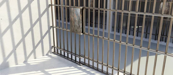 Gefängniszelle Blick Von Innen Auf Den Gefängniskorridor Stahlgittertür Verschlossen Betonwand — Stockfoto