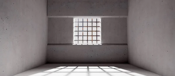 Empty Jail Window Prison Bars Concrete Walls Floor Dungeon Interior — ストック写真