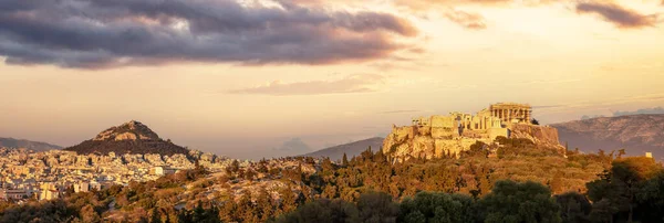 Athens Greece Acropolis Athens Mount Lycabettus Panorama Areopagus Hill Twilight — Foto Stock