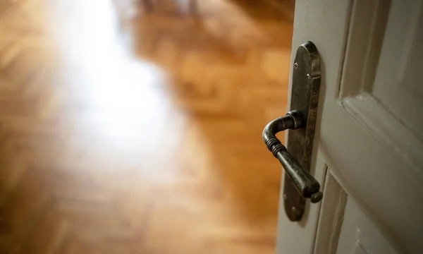 Porte Ouverte Vue Rapprochée Poignée Porte Rétro Sur Porte Bois — Photo