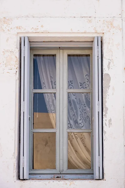 Window Gray Open Wooden Shutters White Wall Cyclades Island House — Photo