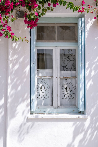 Window with pastel blue open shutters on white wall. Handmade curtains and blooming bougainvillea. Cyclades island house, Greek traditional architecture.