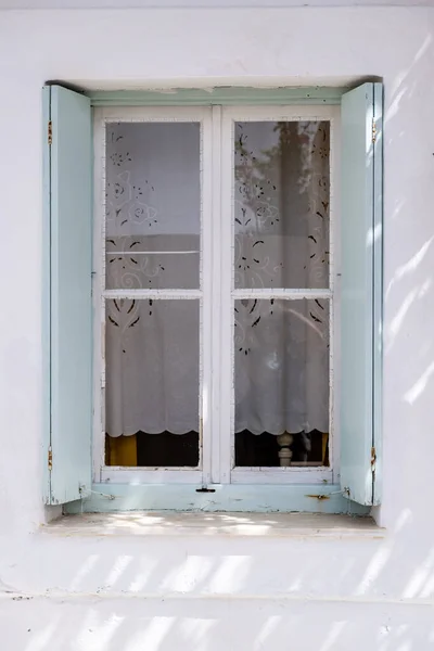 Window Pastel Blue Open Wooden Shutters White Wall Cyclades Island — Photo