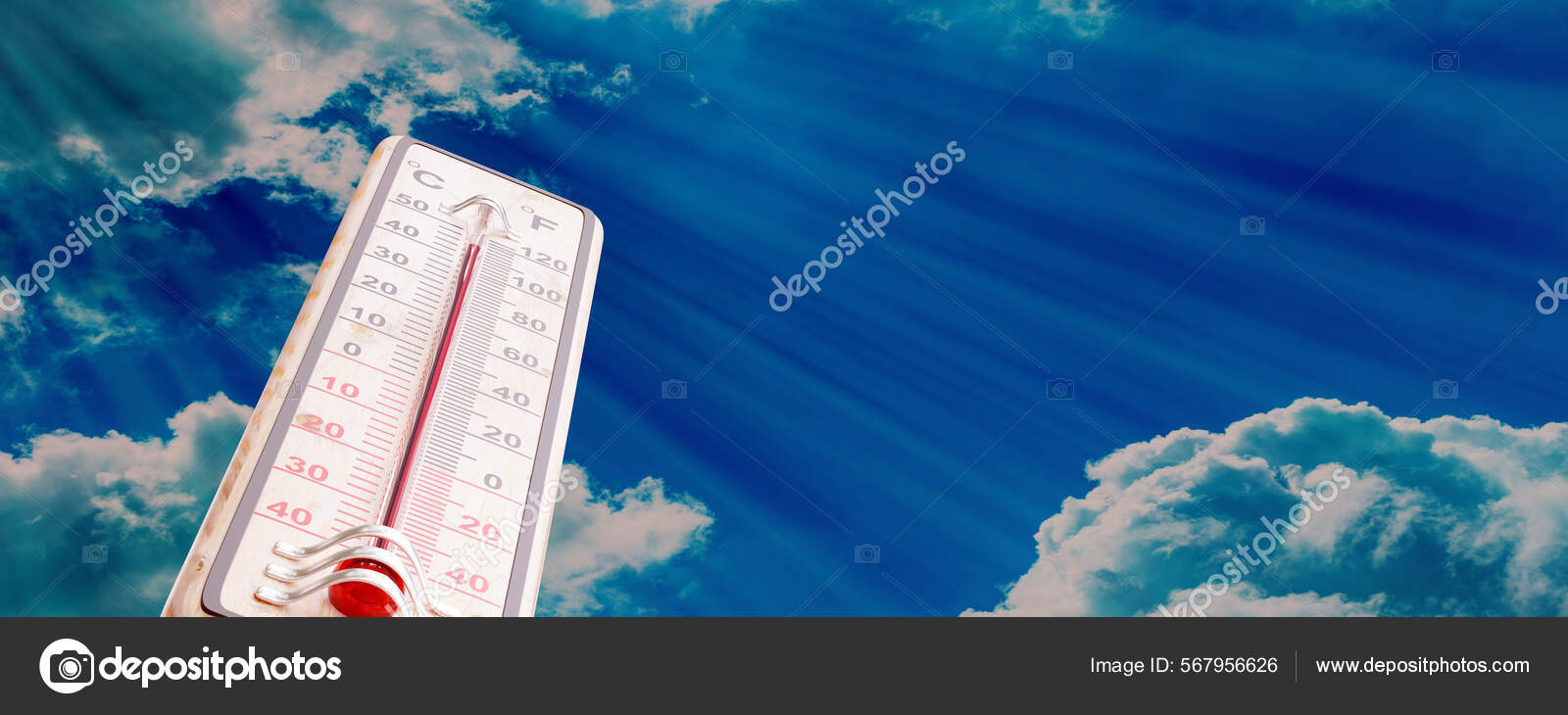 室外温度很高夏季高温危险天气炎热温度计在华氏100度以上蓝天背景阳光灿烂的日子3D渲染——图库图片© gioiak2 #567956626