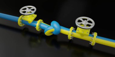 Gaz çatışması konsepti, Ukrayna savaş krizi. Ukrayna doğalgaz boru hattının siyah renk arka planında bir düğüm. 3d hazırlayıcı