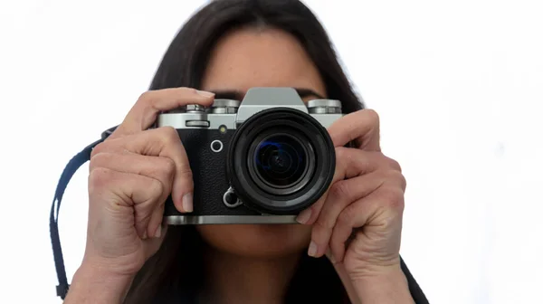 Young Woman Holding Photo Camera Shooting Your Picture Isolated White — 스톡 사진