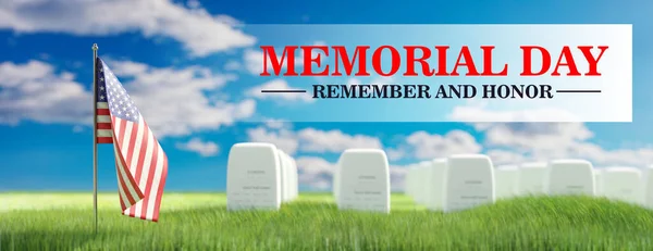 Memorial Day Remember Honor Text Usa Flag Headstones Green Field — Stok fotoğraf