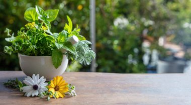 Fresh herbs in a mortar, herbal medicine, alternative healing. Mint, rosemary, basil and thyme aromatic leaves, on a wooden table, copy space