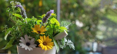 Fresh herbs in a mortar, herbal medicine, alternative healing. Mint, rosemary, basil and lavender aromatic leaves, close up view. Nature medical and health