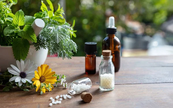 Homeopathy pharmacy, herbal, natural medicine. Homeopathic globules scattered out of a glass bottle, fresh herb in a mortar, green nature background.