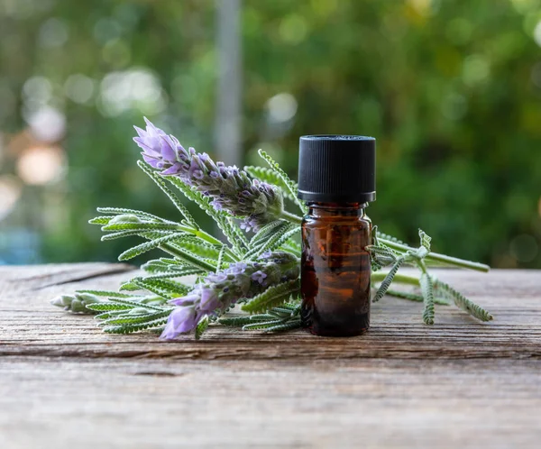 Lavender Essential Oil Glass Bottle Wooden Table Close View Copy — Foto de Stock