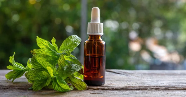 Peppermint Mint Essential Oil Glass Bottle Wooden Table Close View — Foto de Stock