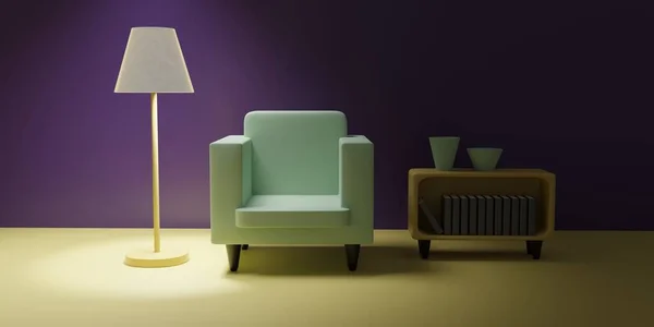 ホームインテリアポップアートデザインコンセプト 最小限の古典的なリビングルームの家具 白い漫画のアームチェア 本とテーブル 照明された床の光 3Dレンダリング — ストック写真