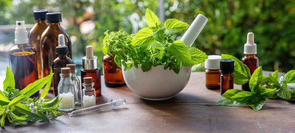 Nature Pharmacy Homeopathy Products Herbal Medicine Alternative Healing Fresh Herbs — стоковое фото