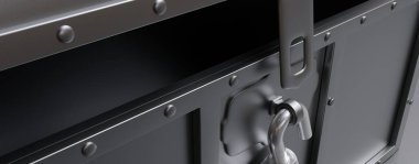 Eski gri renkli korsan sandığı açıldı ve açıldı. Hazine sandığı açık asma kilit yakın görüş. İyi şanslar, 3D sunucu.