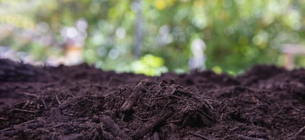 Textura Solo Fundo Desfocado Sujidade Seca Fértil Marrom Escuro Terra — Fotografia de Stock