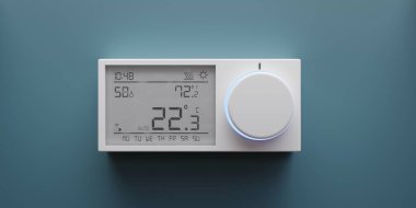 Mavi duvar arka planında ev ısıtma kontrol cihazı dijital termostat, ön görünümü kapatın, 3d görüntüleme