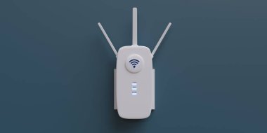 Kablosuz yineleyici kablosuz ağ genişleticisi mavi duvarda izole edildi. İnternet destekleyici, beyaz renk, ön görüntüyü kapat. 3d hazırlayıcı